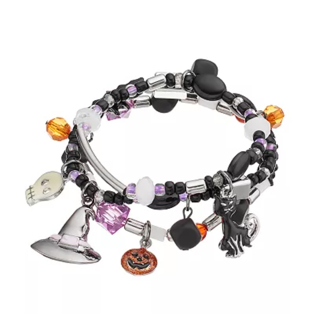 Halloween Black Cat, Witch's Hat & Skull Charm Stretch Bracelet 3 Piece Set